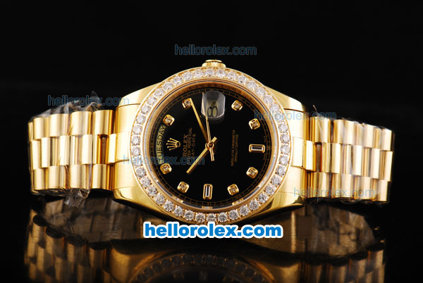 Rolex Day Date II Automatic Movement Full Gold with Diamond Bezel-Black Dial and Diamond Markers - Click Image to Close